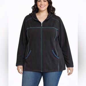 Junonia Black Fkeece Zippered Hoodie with Teal Stitching. Size 1X